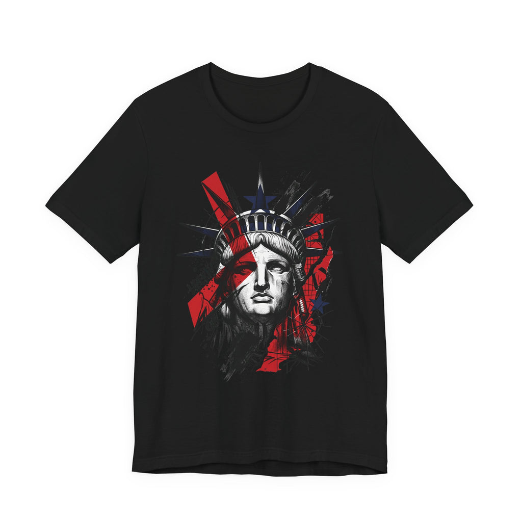 Black graphic t-shirt with Statue of Liberty face illustration in red and black