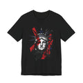 Black graphic t-shirt with Statue of Liberty face illustration in red and black