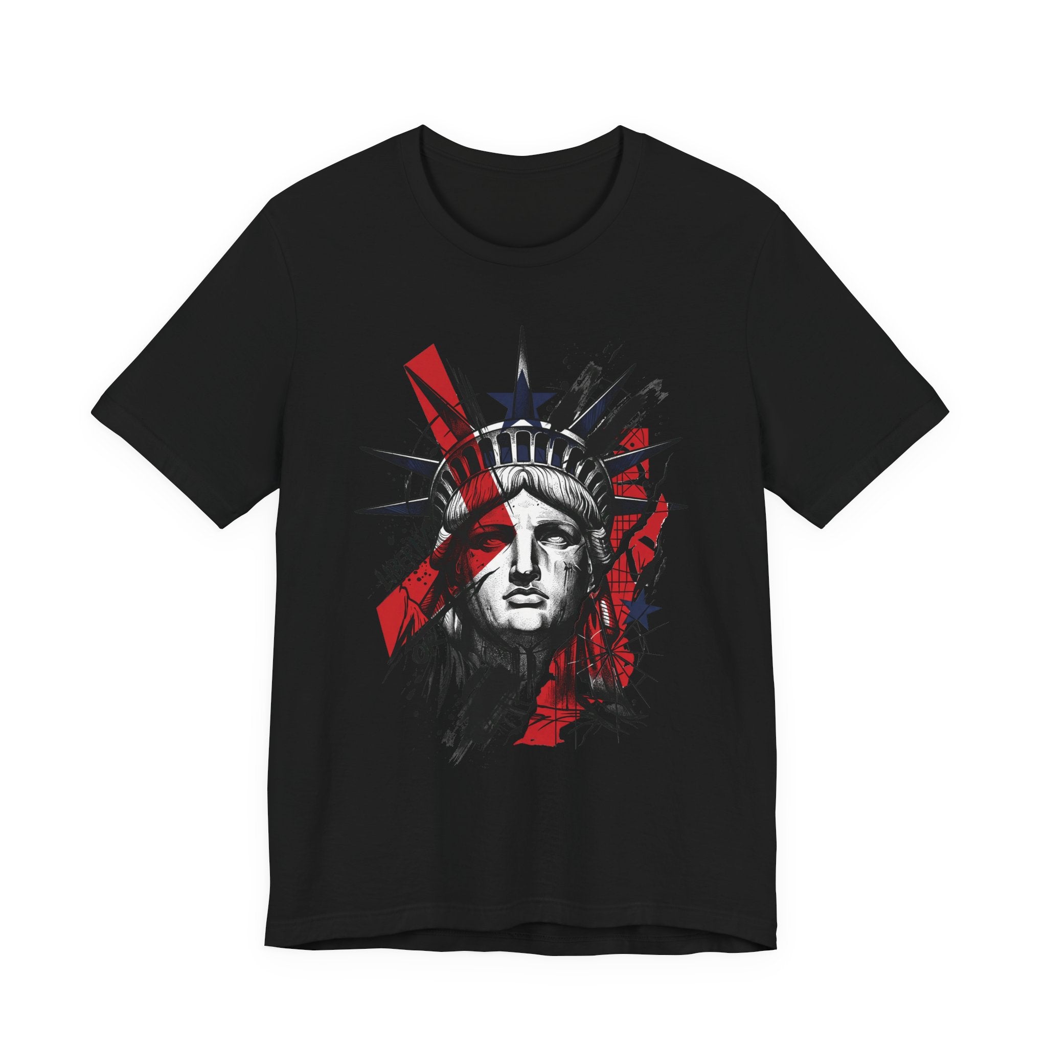 Black graphic t-shirt with Statue of Liberty face illustration in red and black