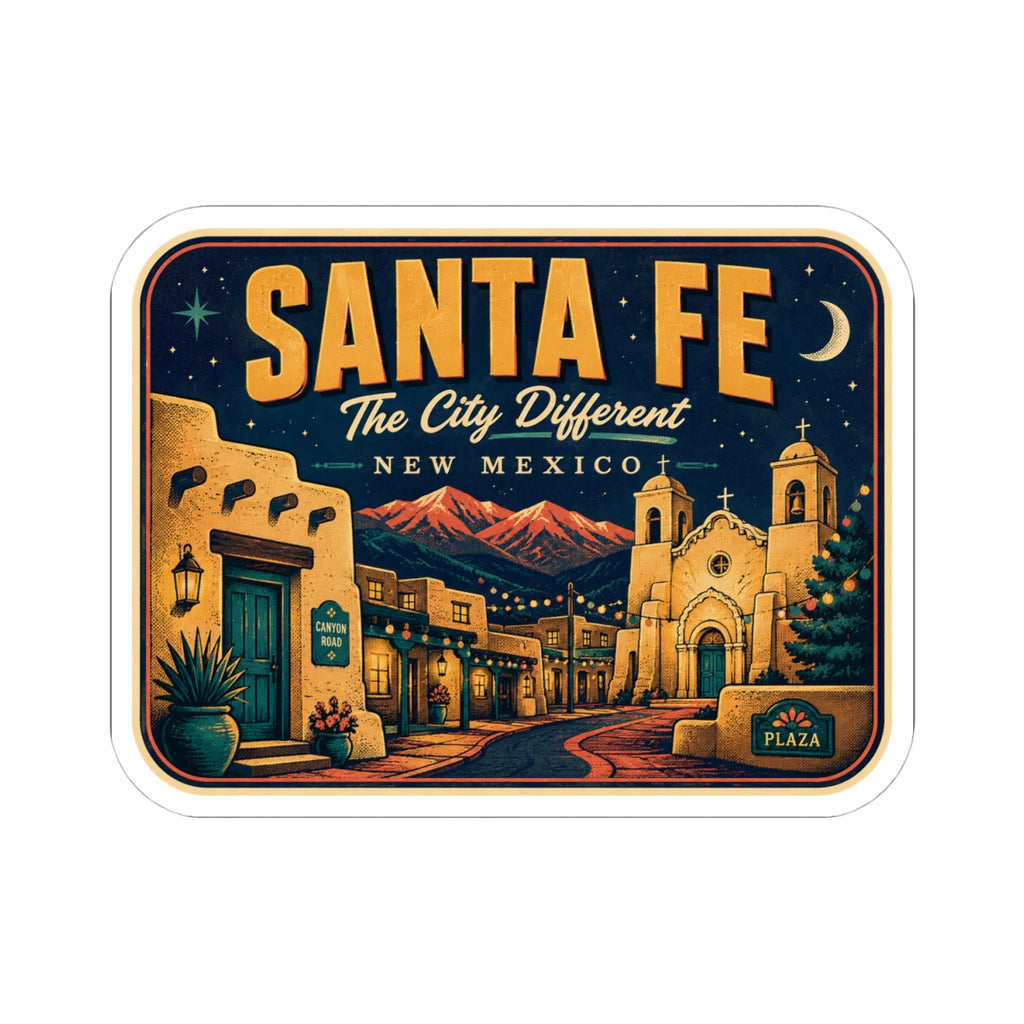 Santa Fe luggage tag sticker, rectangular town-scene decal with “The City Different” wording.