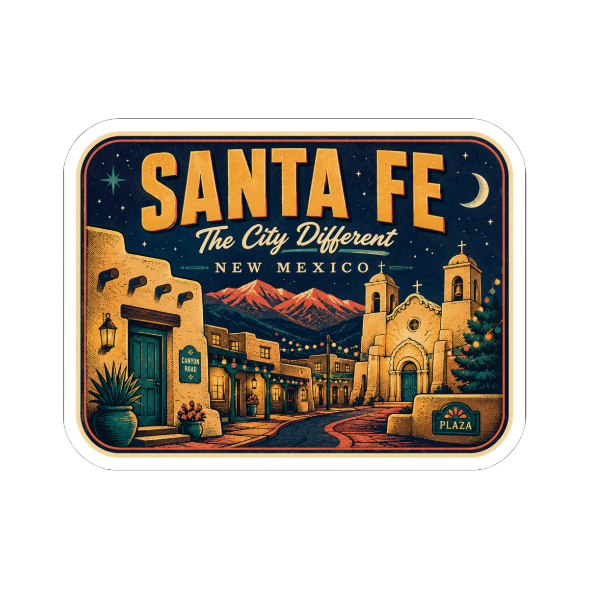 Santa Fe luggage tag sticker, rectangular town-scene decal with “The City Different” wording.
