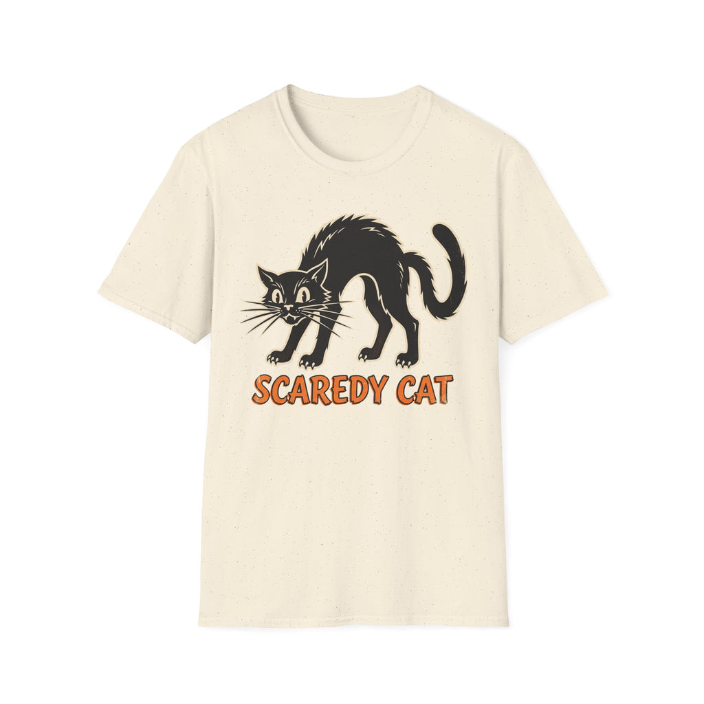 Cream T-shirt with black cat illustration and orange "SCAREDY CAT" front graphic
