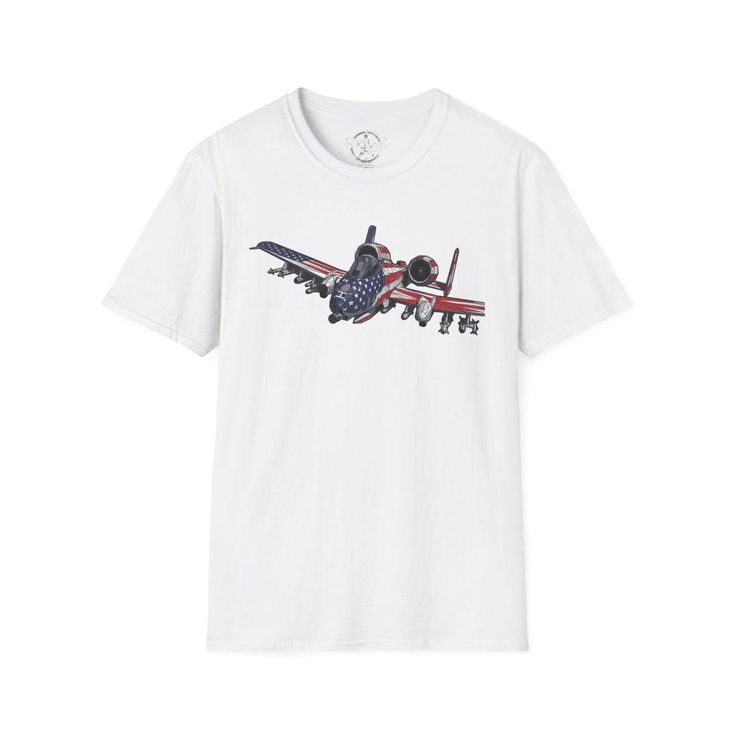 White A-10 Warthog T-shirt with American flag jet graphic on front
