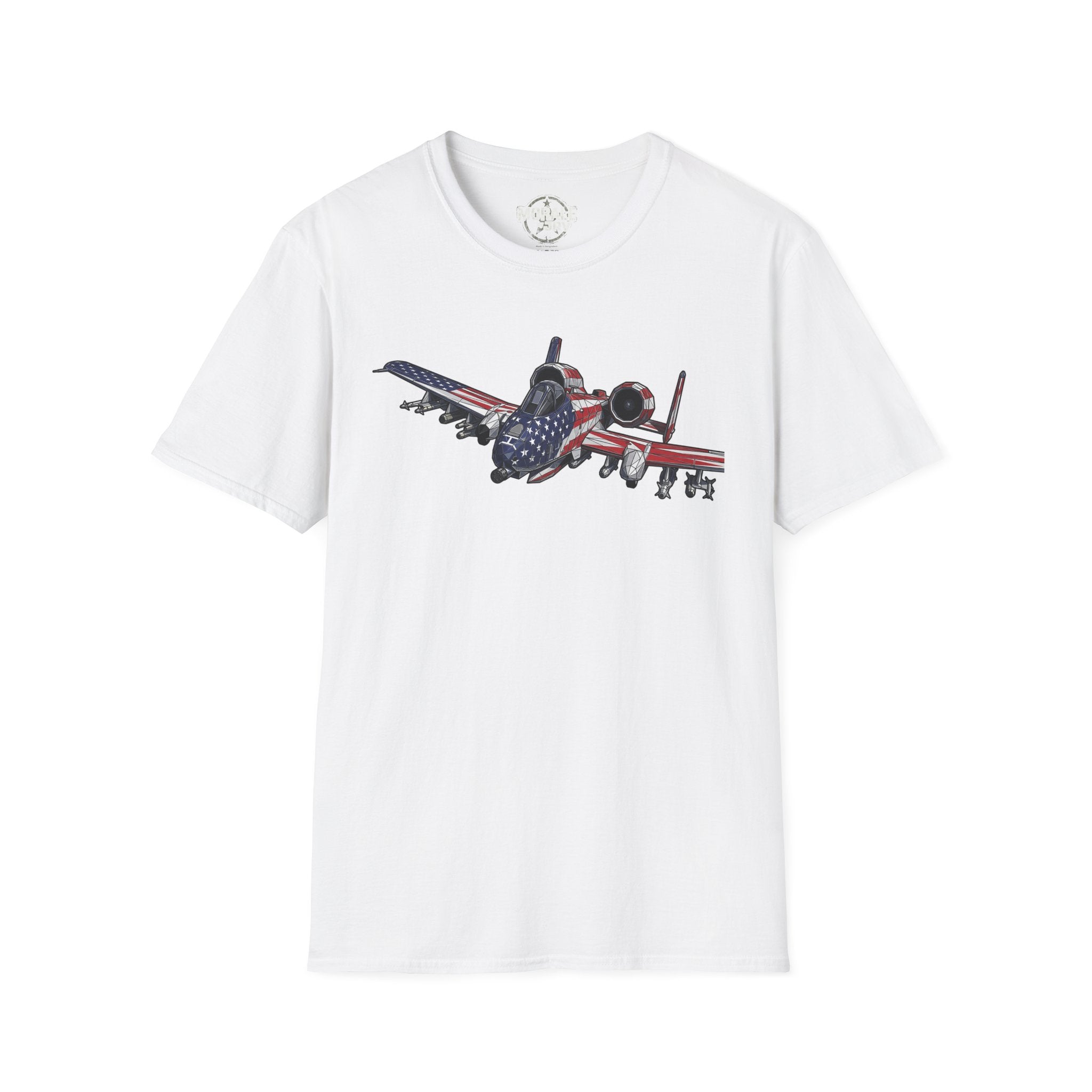 White A-10 Warthog T-shirt with American flag jet graphic on front