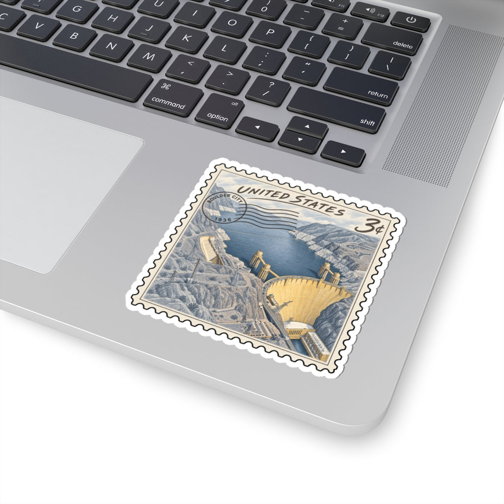 Hoover Dam postage-stamp sticker with United States text and 3¢ marking, blue and beige.