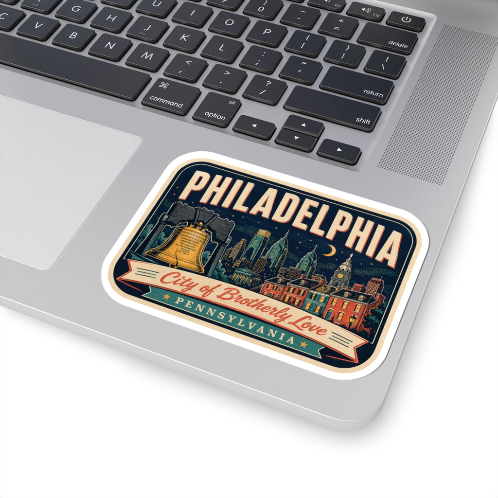 Retro luggage tag sticker with Philadelphia lettering, ribbon script, and star accents