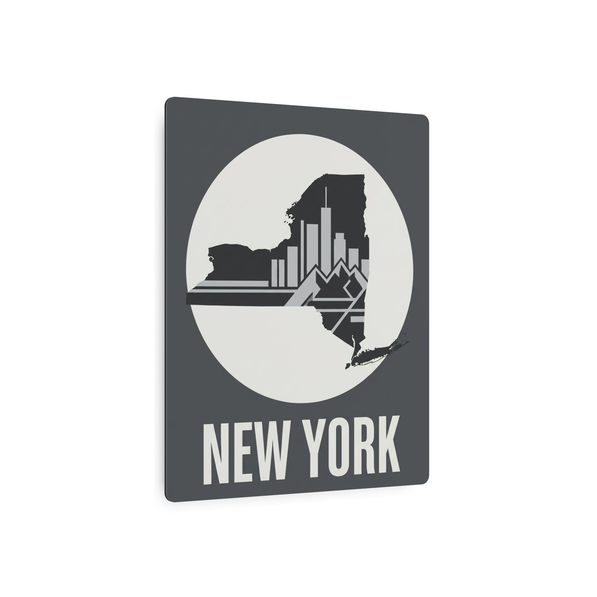 Dark gray square metal art sign featuring New York skyline artwork and “NEW YORK” lettering