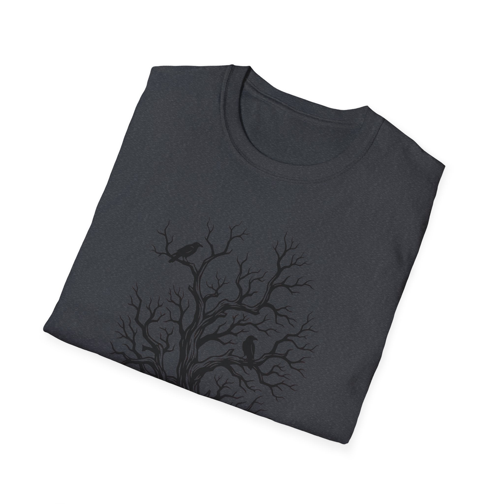 Dark heather grey T-shirt with bare branch tree and crows graphic