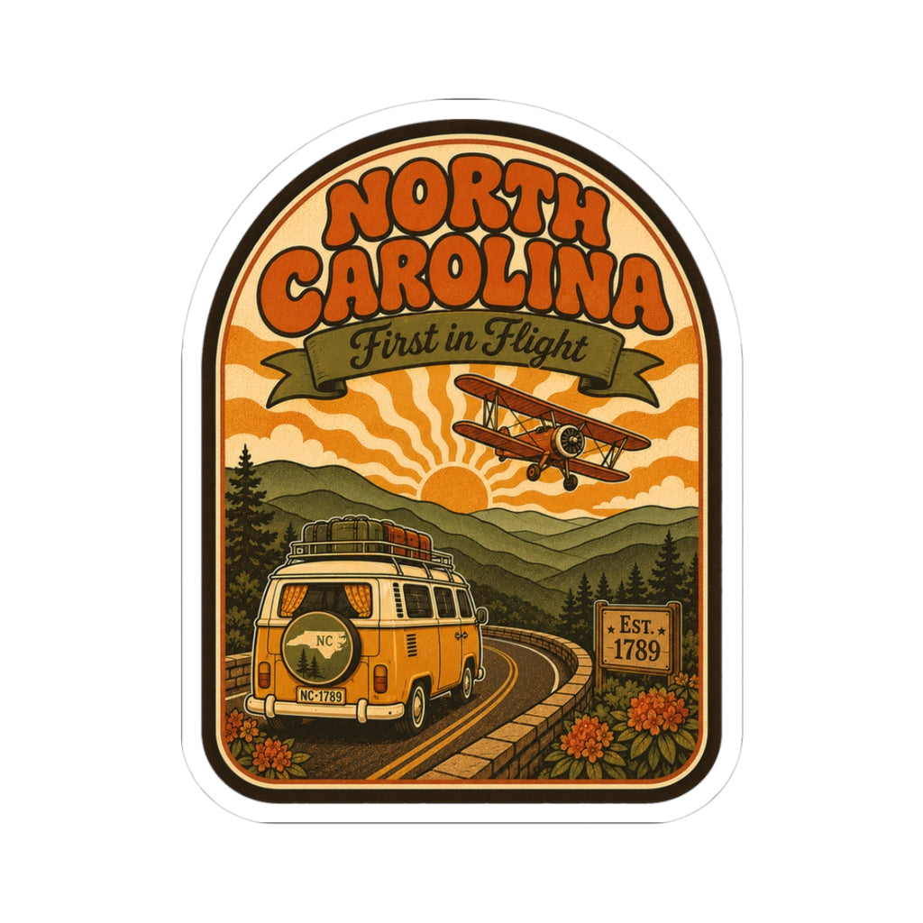 North Carolina vintage van and biplane round sticker, die-cut with white border