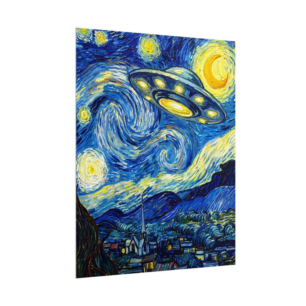 Vertical square poster featuring a glowing UFO above blue swirls and a distant town