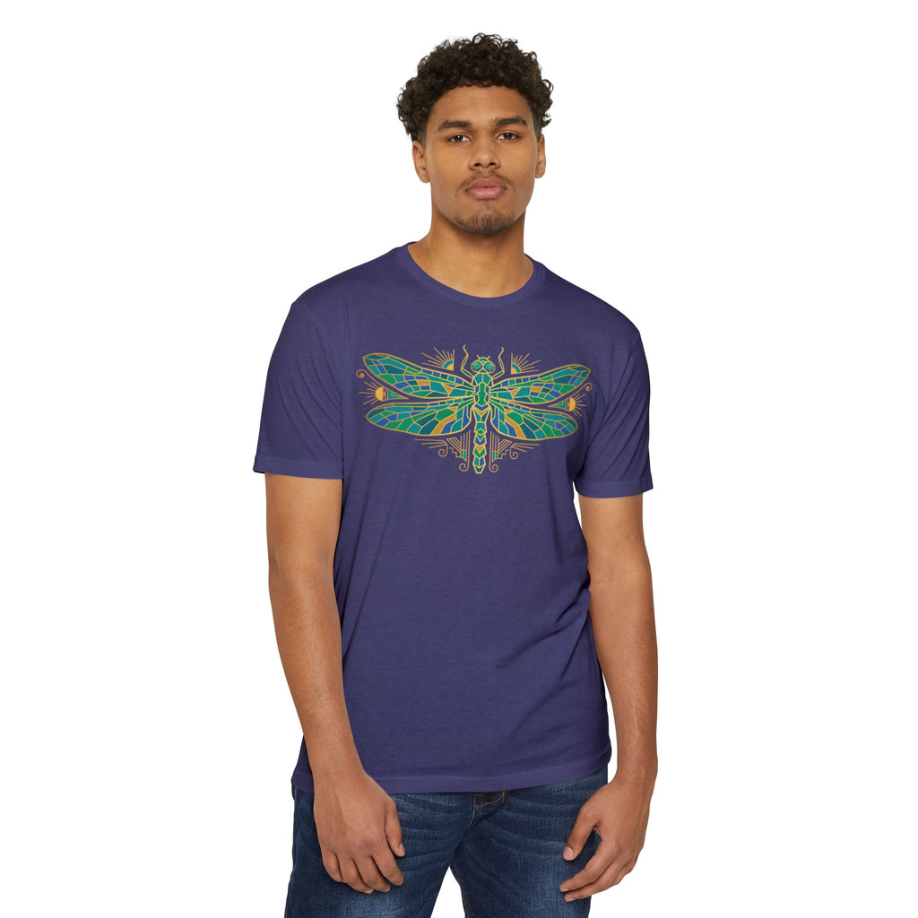 Purple unisex T-shirt with dragonfly mosaic illustration graphic across the chest.