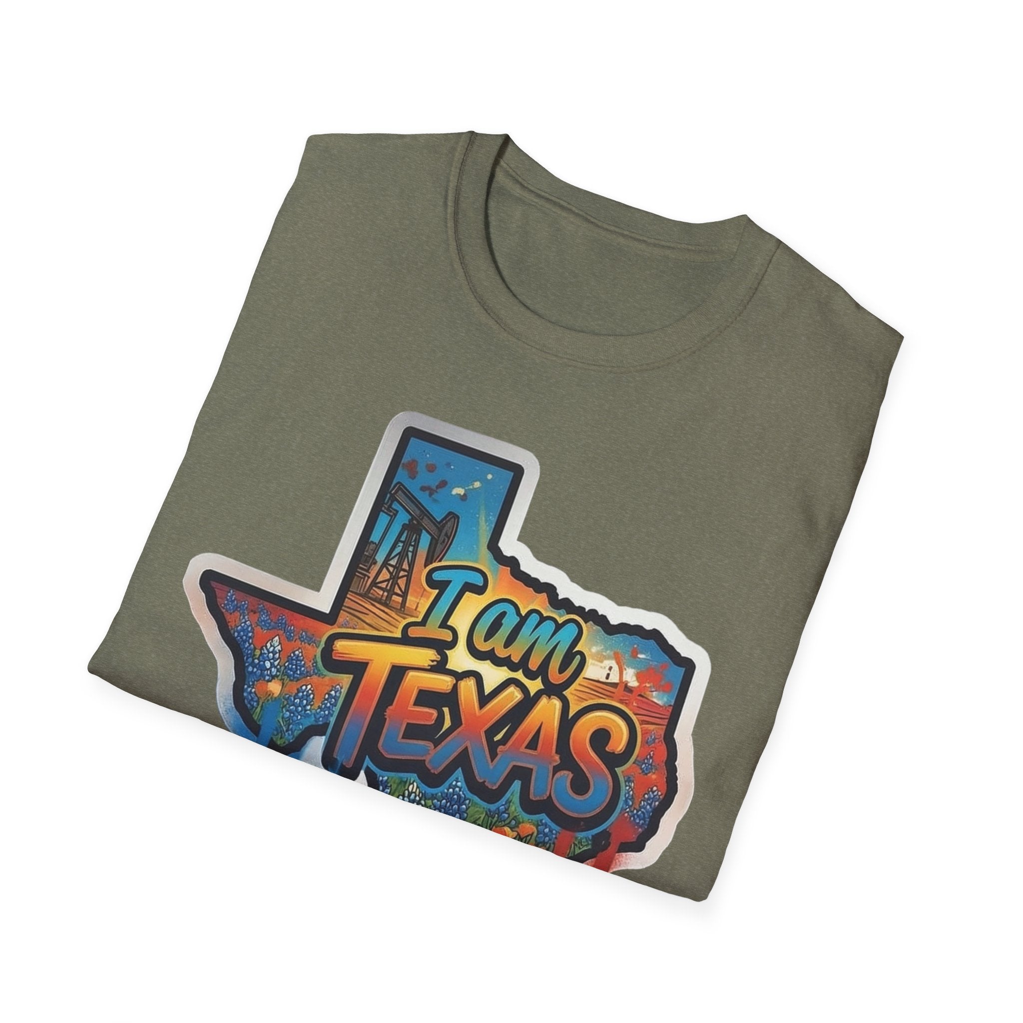 Olive green T-shirt with colorful Texas graphic front