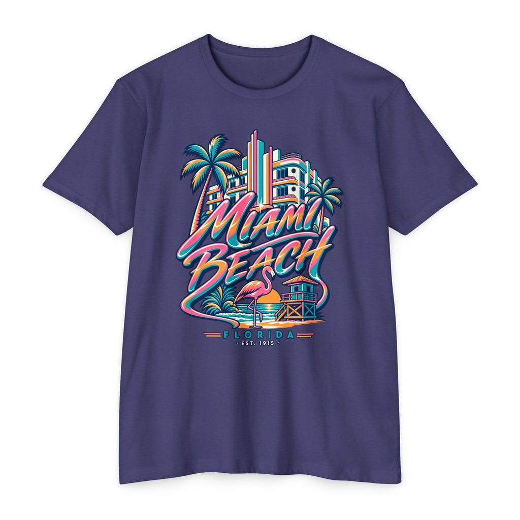 Dark purple T-shirt with colorful Miami Beach Florida graphic, palm trees, and lifeguard tower.