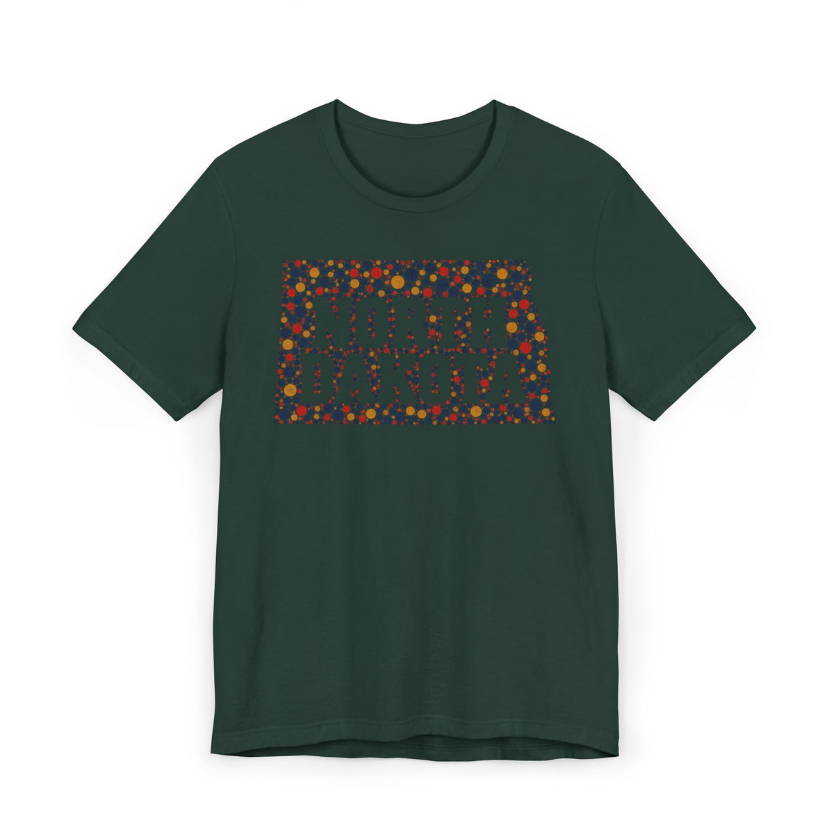 Deep green T-shirt with colorful "North Dakota" floral map graphic on front