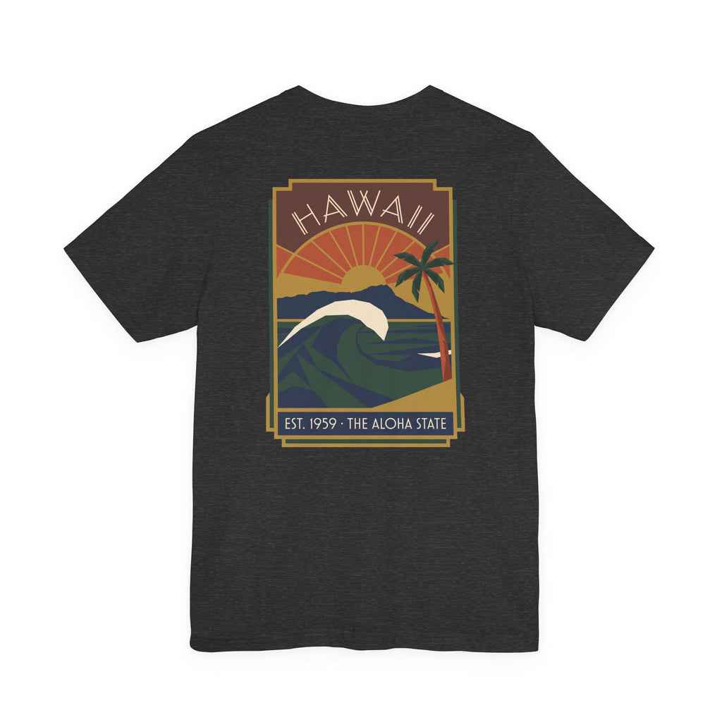 Dark charcoal T-shirt with vintage Hawaii sunset and wave graphic print