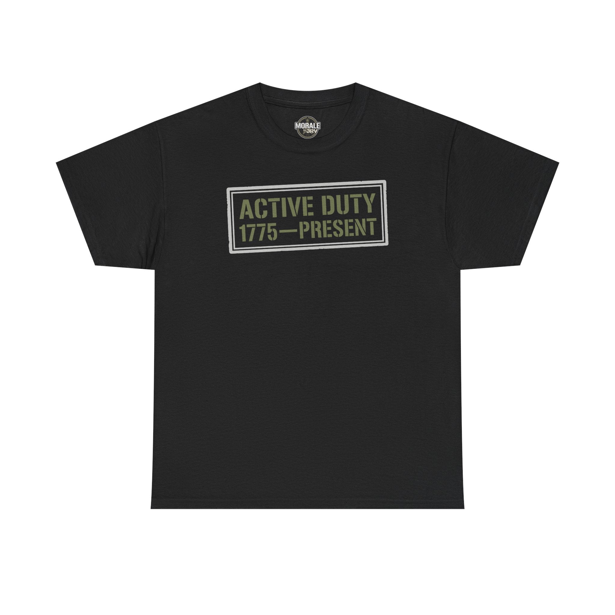 Black crewneck T-shirt with 'ACTIVE DUTY 1775–PRESENT' front graphic