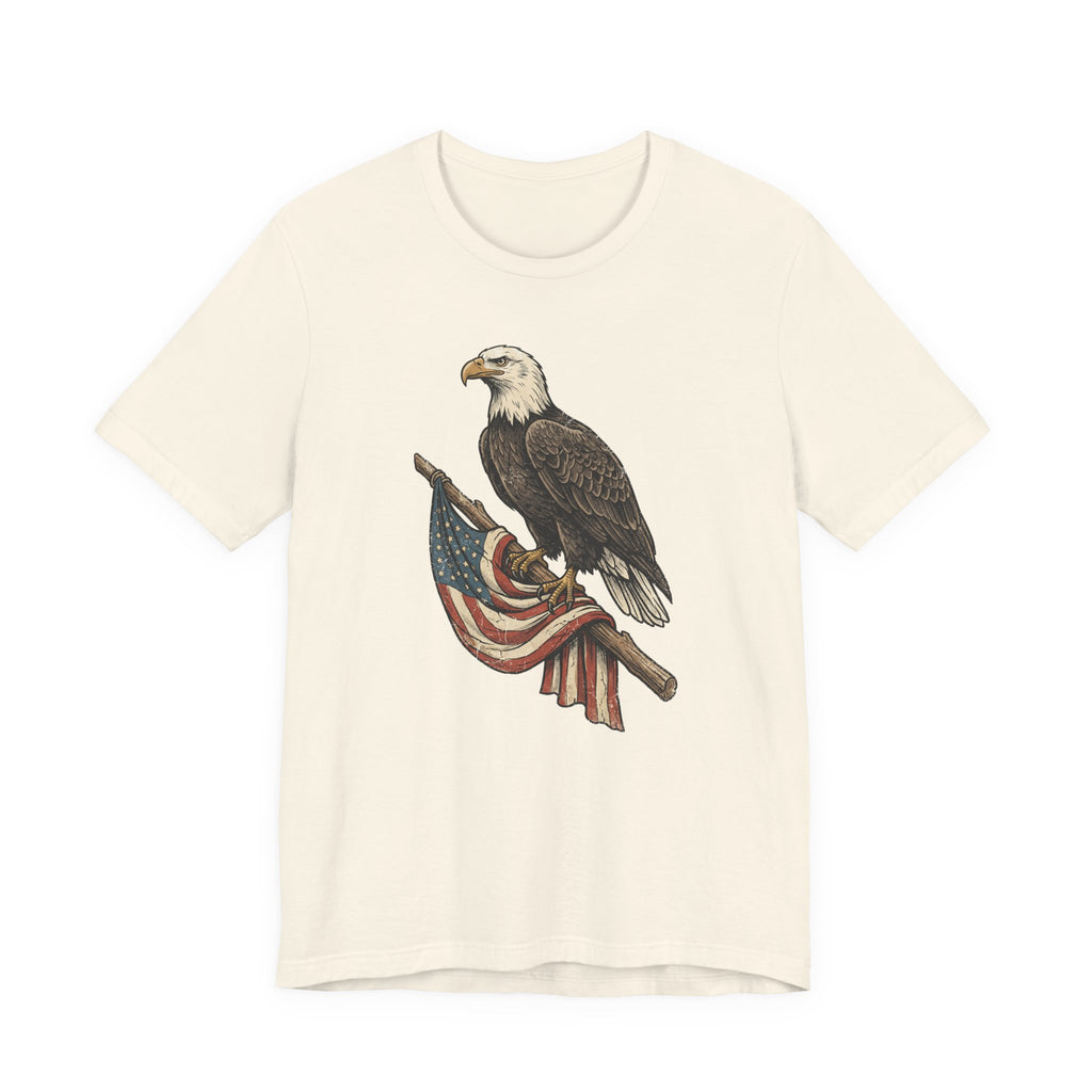 Cream crewneck t-shirt with vintage bald eagle graphic holding American flag