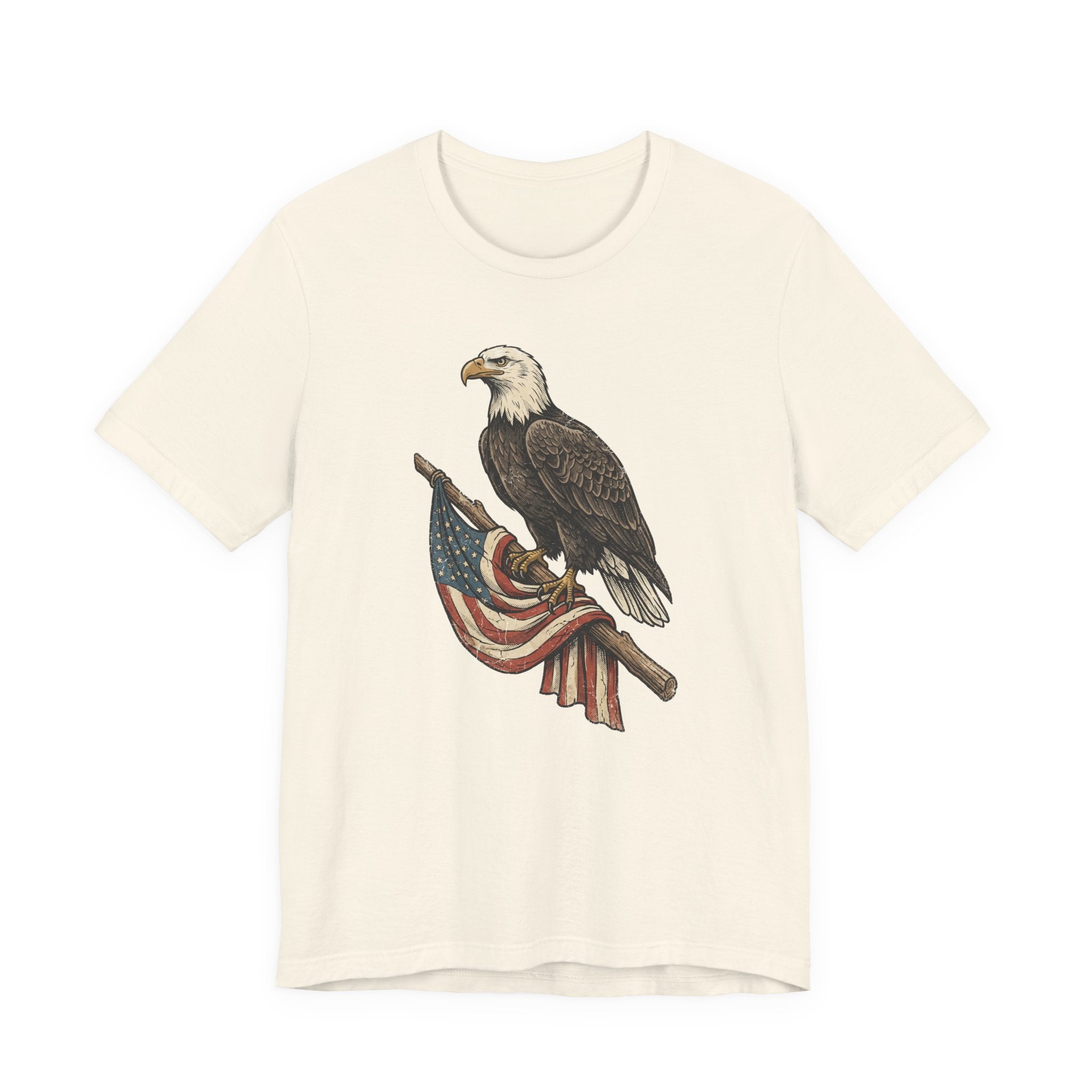 Cream crewneck t-shirt with vintage bald eagle graphic holding American flag