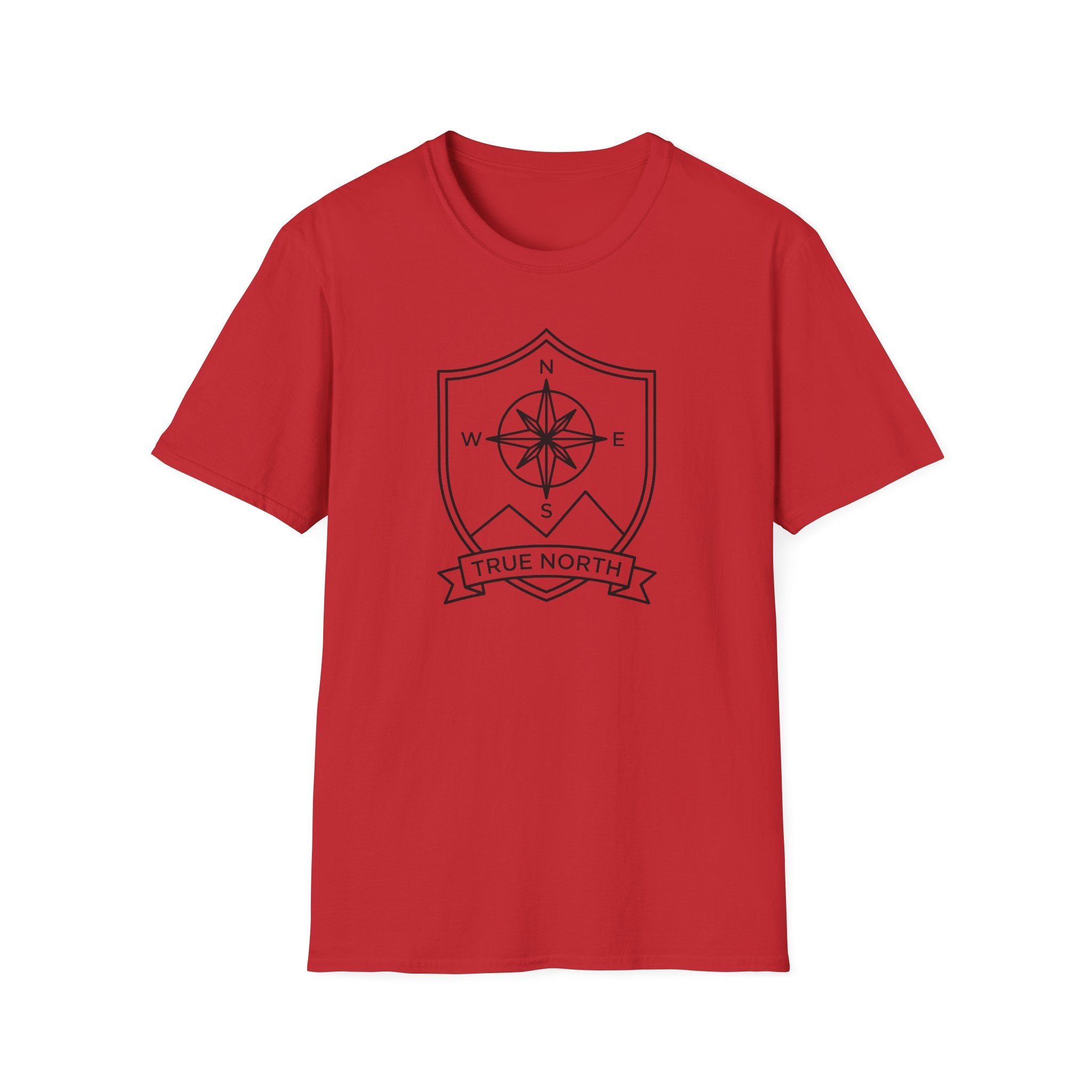 Red compass shield T-shirt with compass rose emblem and True North ribbon