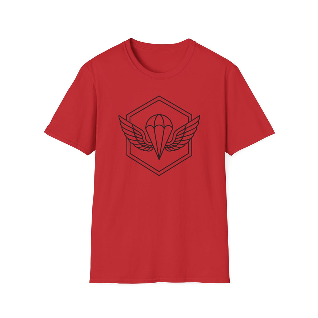 Red crew-neck T-shirt with black parachute wings emblem