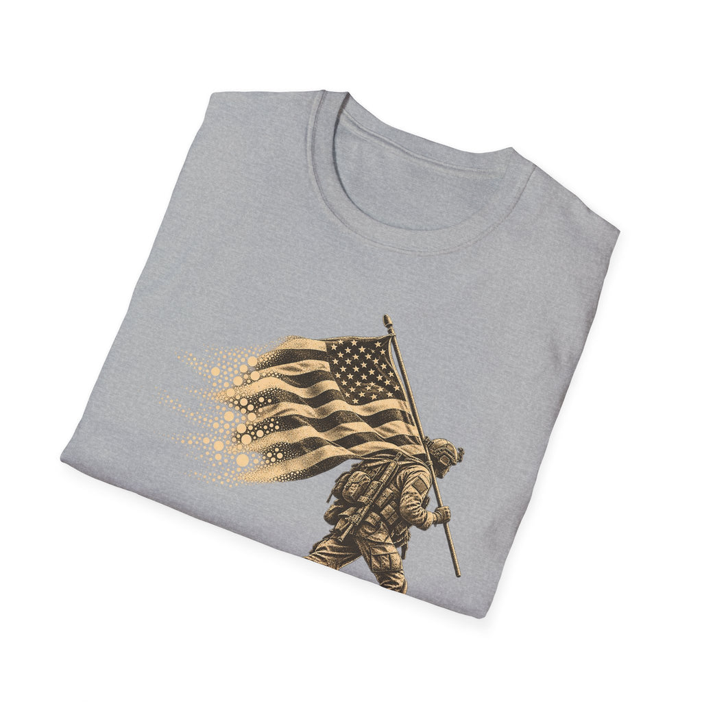 Men's crewneck T-shirt in heather gray with soldier and flag graphic
