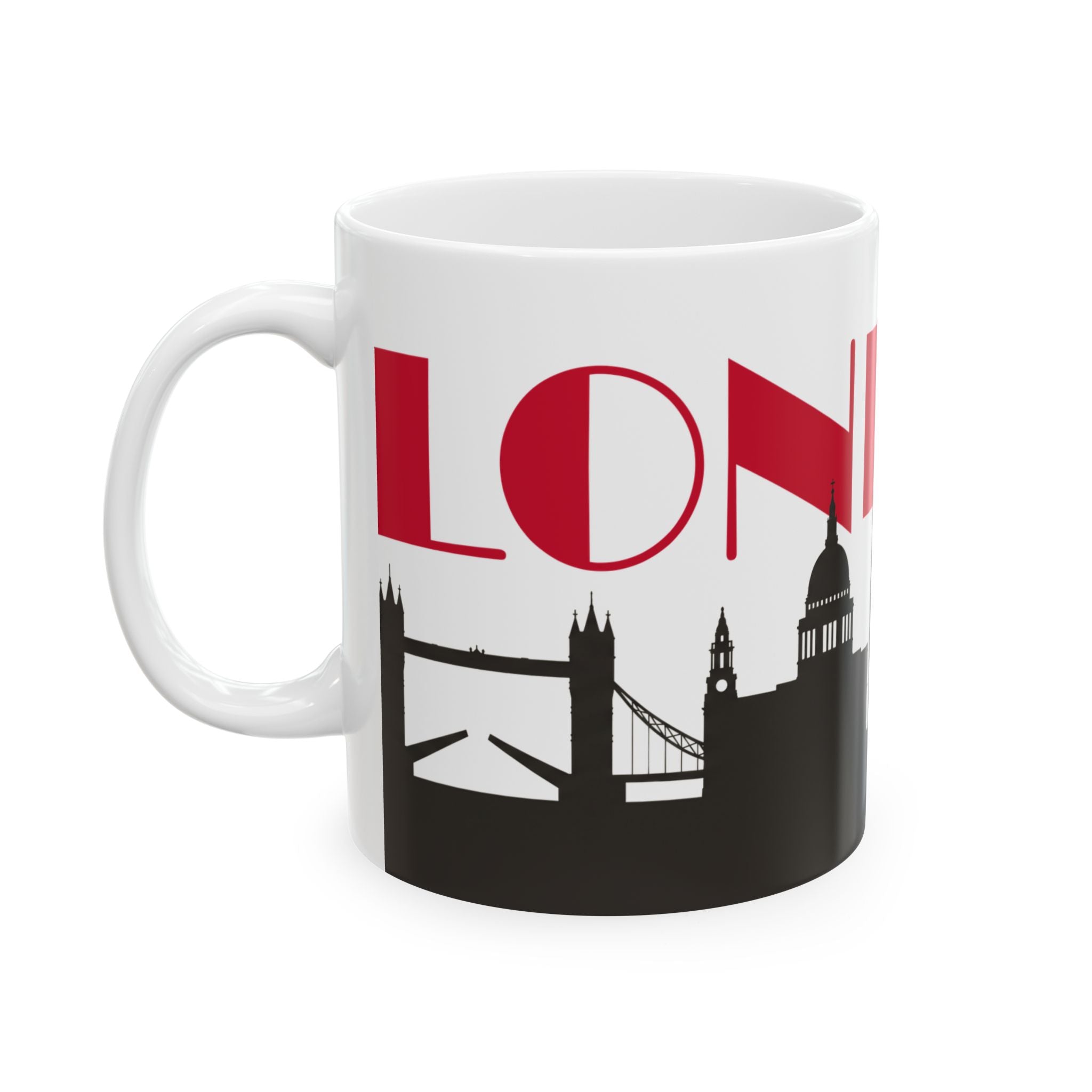 White ceramic coffee mug with red lettering and black London skyline silhouette