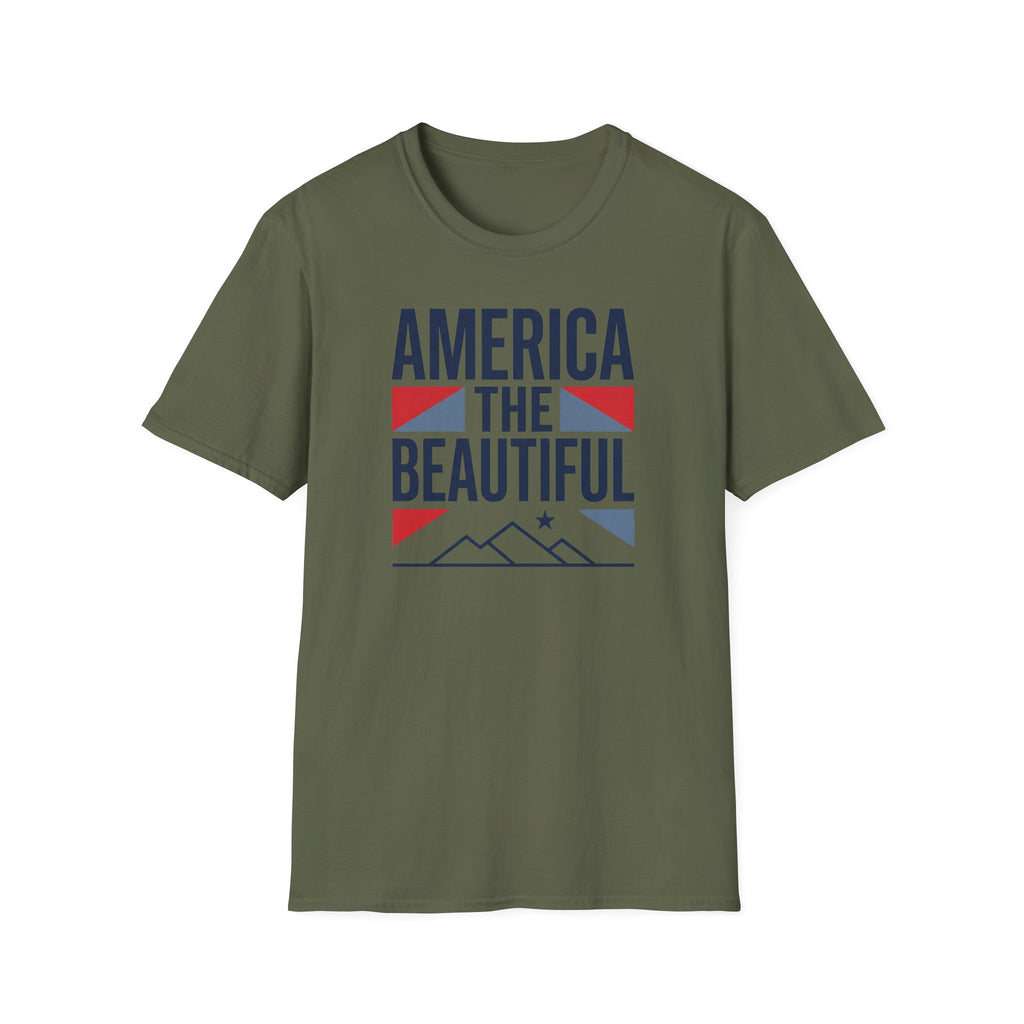 Military green crewneck t-shirt with “AMERICA THE BEAUTIFUL” front graphic and stars.