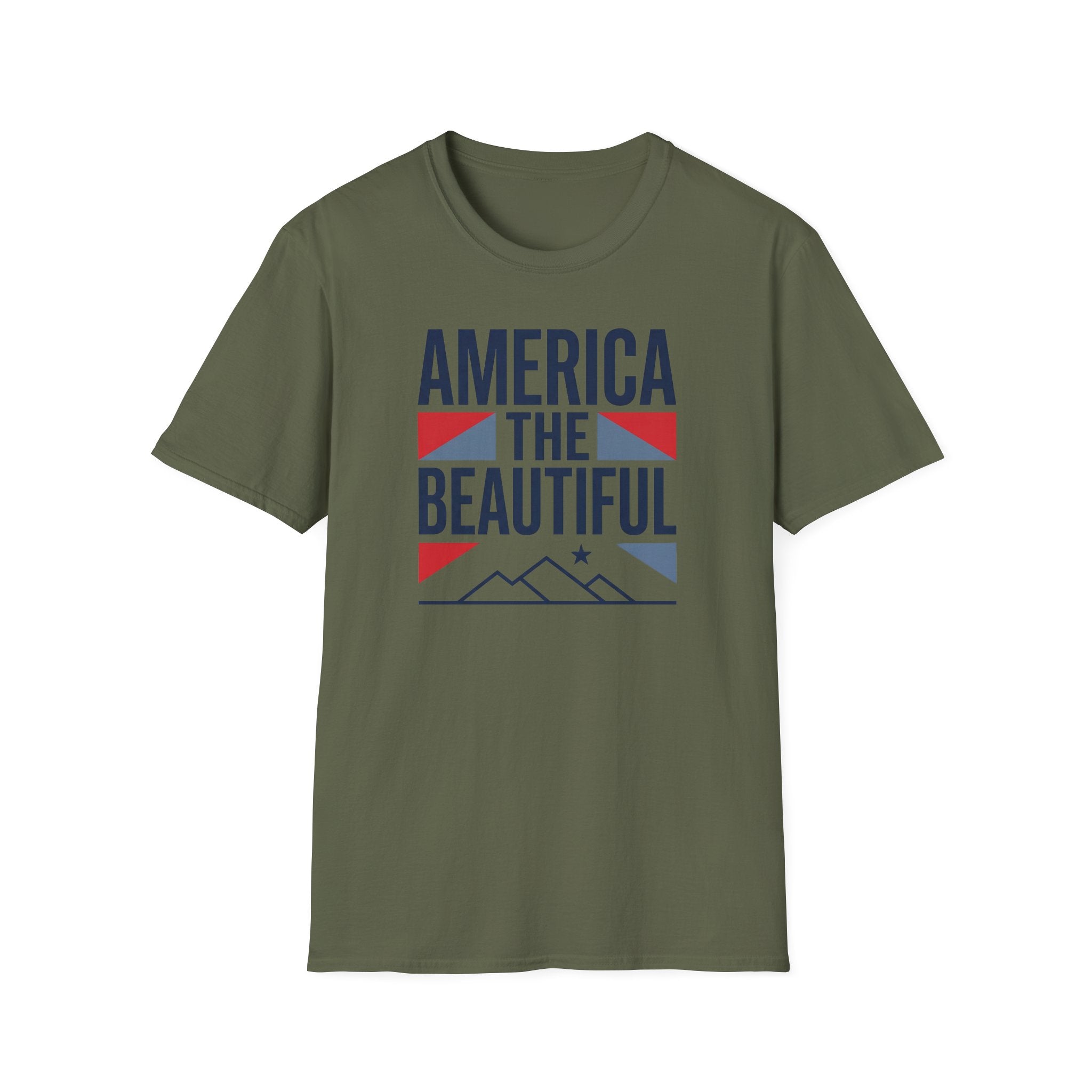 Military green crewneck t-shirt with “AMERICA THE BEAUTIFUL” front graphic and stars.