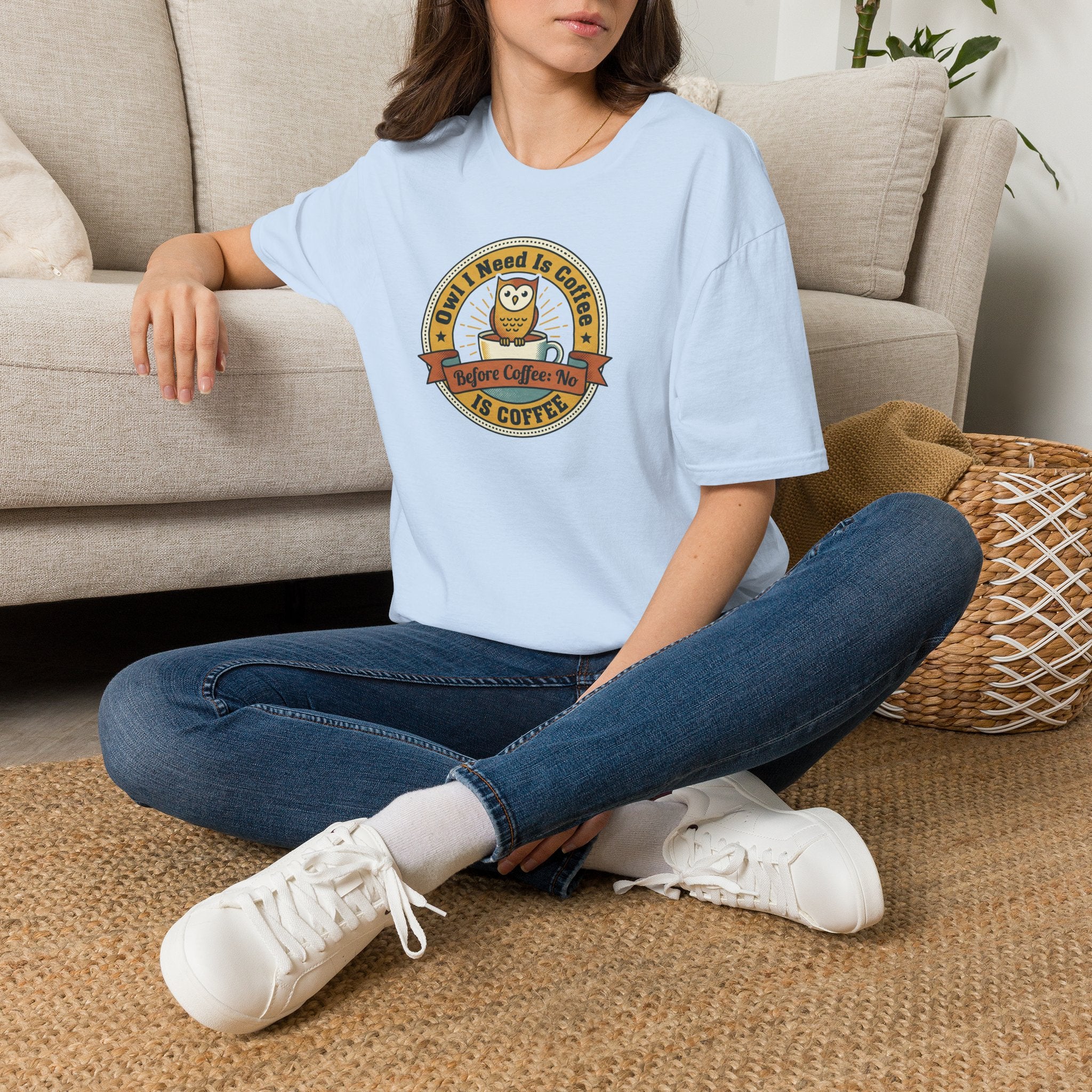 Light blue T-shirt with coffee owl vintage badge graphic on chest