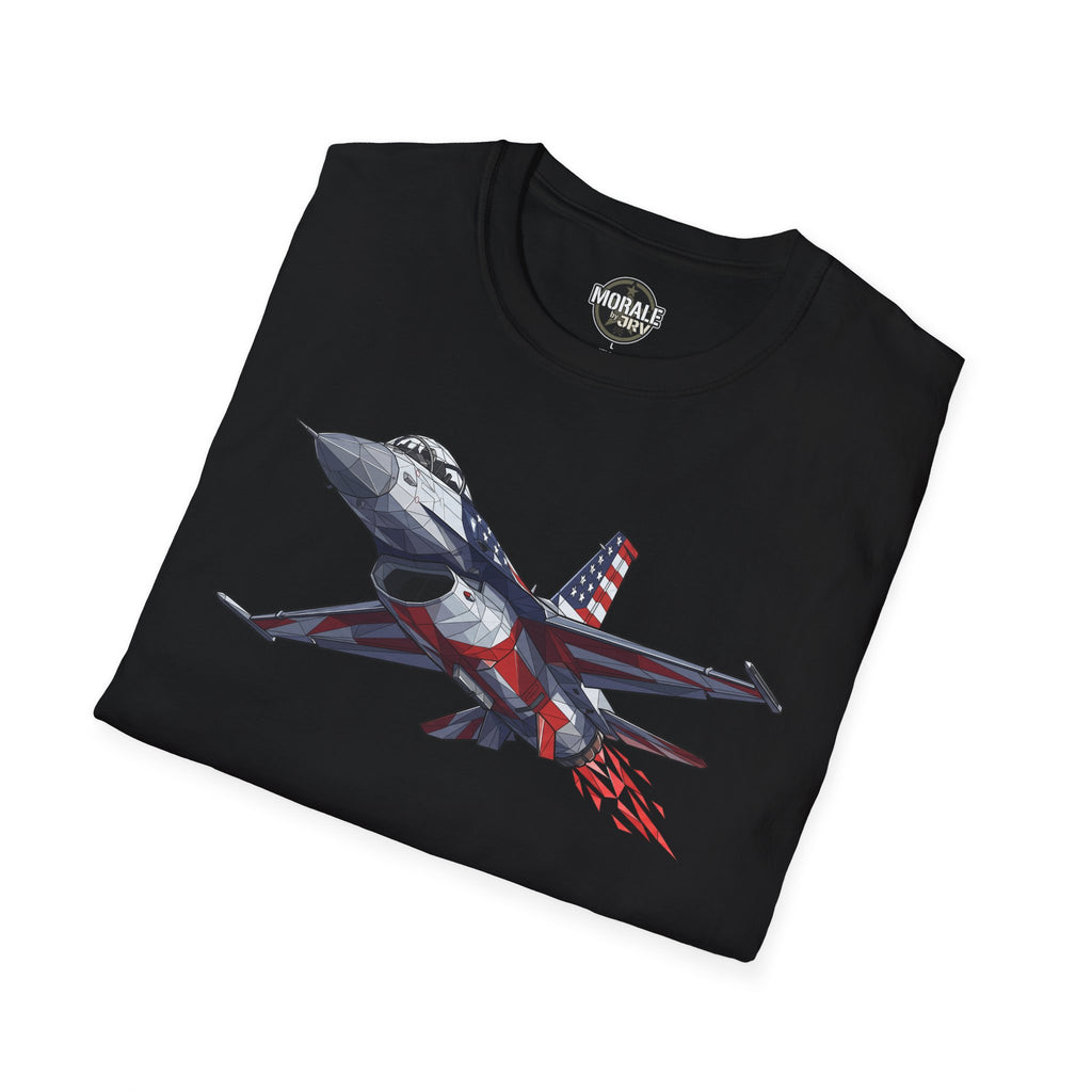 F-16 jet graphic T-shirt, black, American flag aviation design