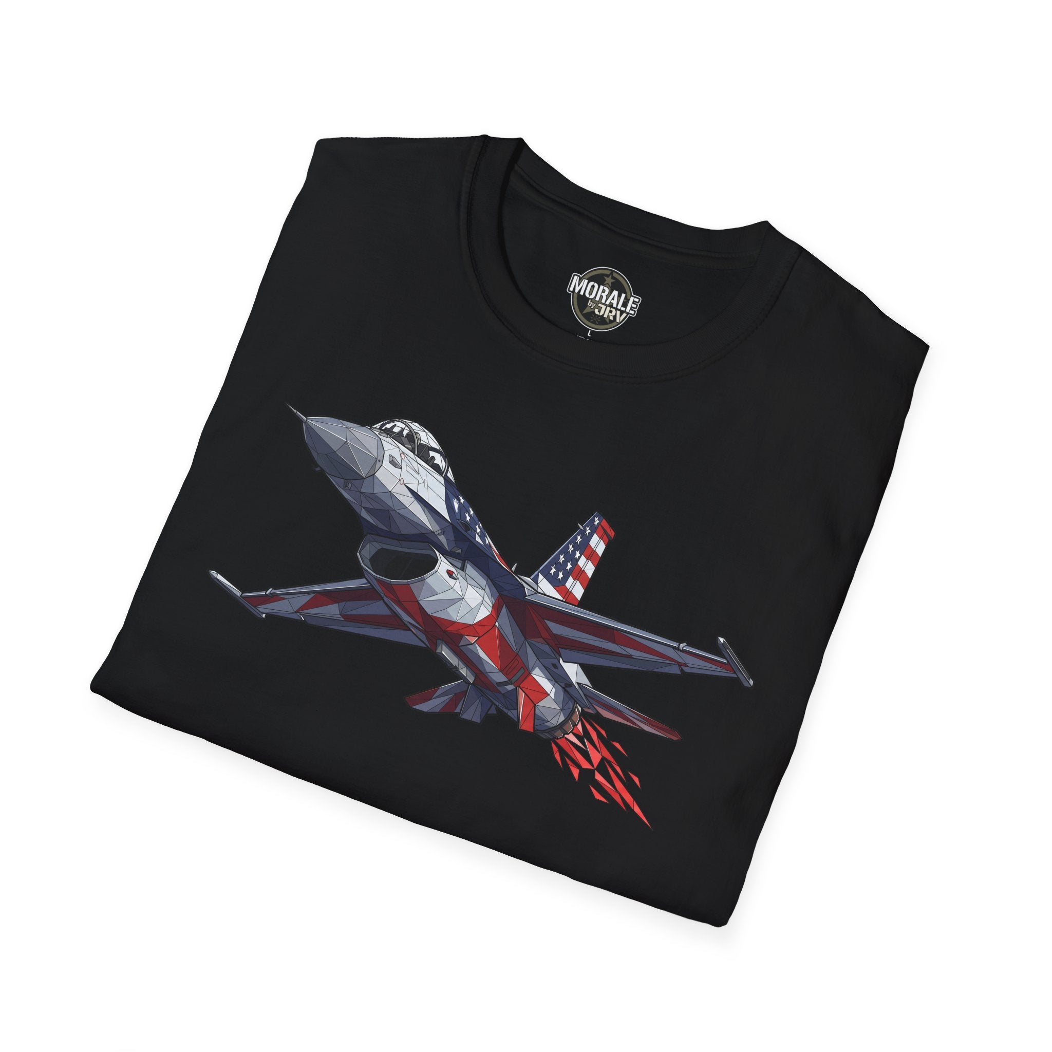 F-16 jet graphic T-shirt, black, American flag aviation design