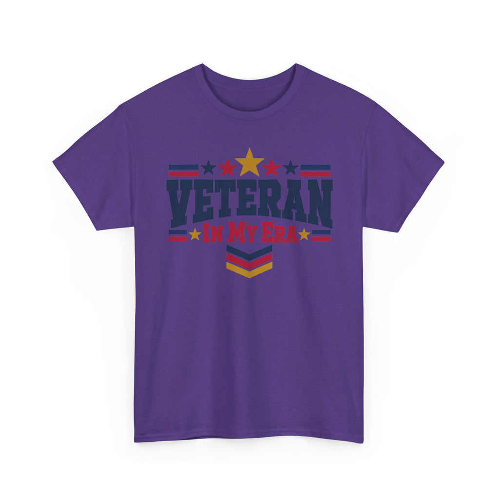 Purple veteran graphic t-shirt with stars-and-stripes “Veteran in My Era” print