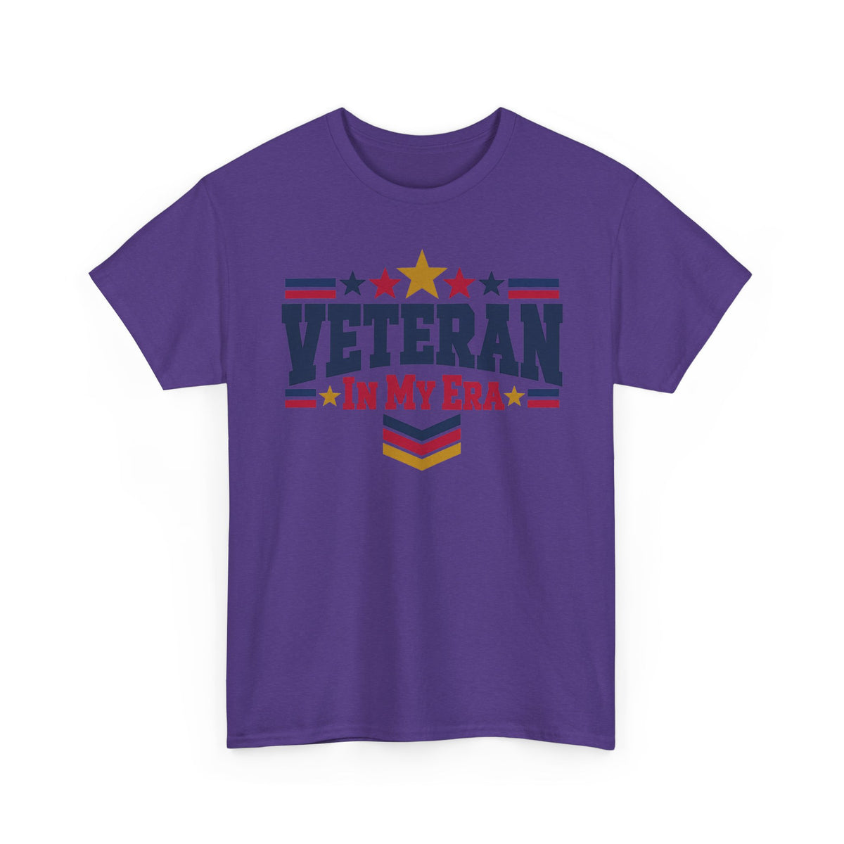 Purple veteran graphic t-shirt with stars-and-stripes “Veteran in My Era” print
