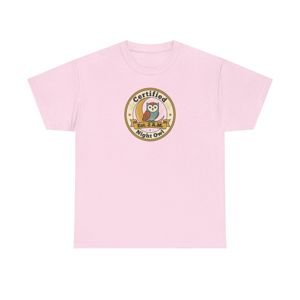Light pink crewneck T-shirt with round owl badge graphic on the chest
