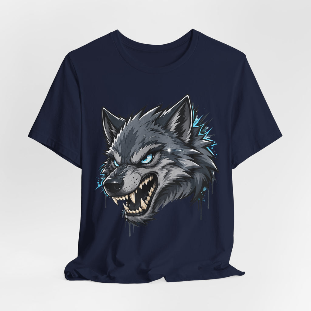 Unisex navy short-sleeve t-shirt with snarling wolf head graphic and glowing blue eyes