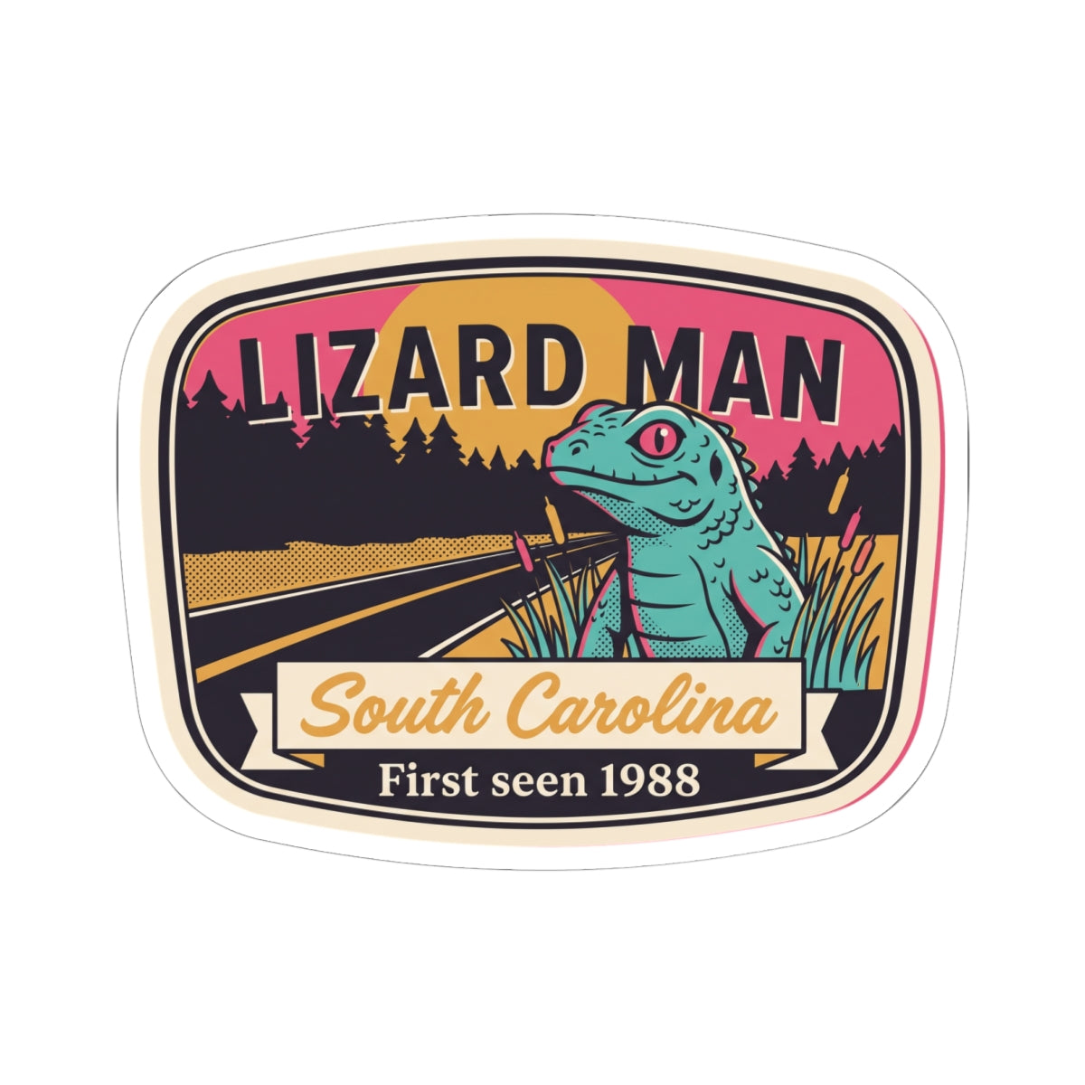 Lizard Man South Carolina sticker, oval border, pink “LIZARD MAN” and teal lizard artwork