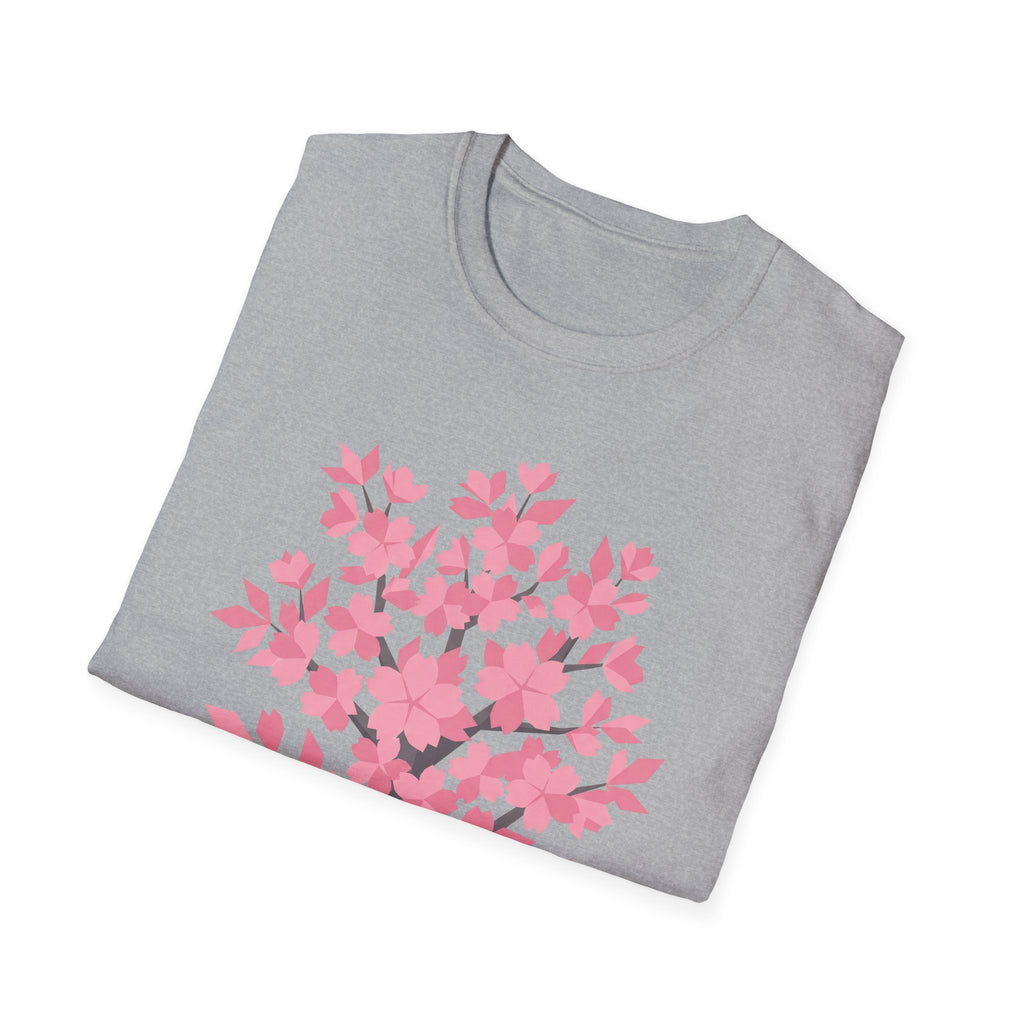 Heather gray crewneck T-shirt with pink cherry blossom tree floral print.