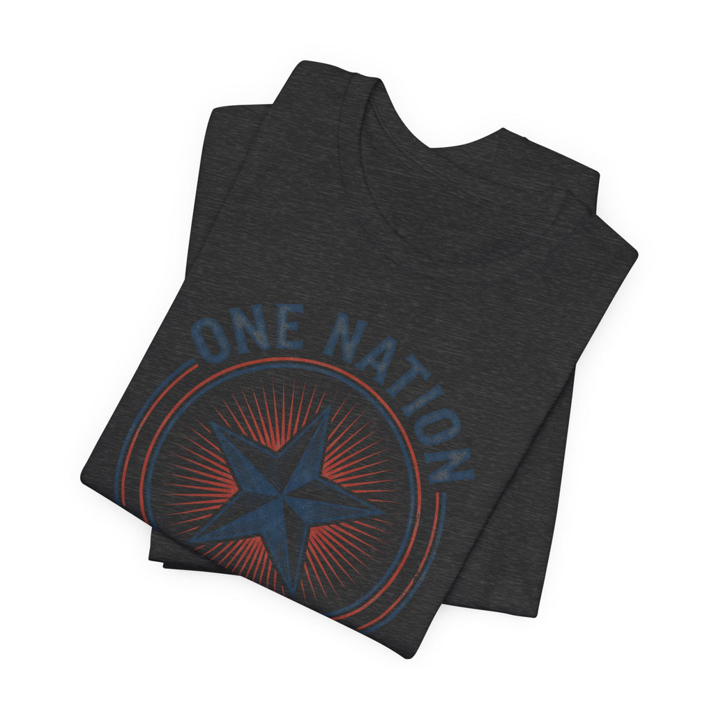 Dark heather t-shirt with circular star emblem and curved text graphic on front.