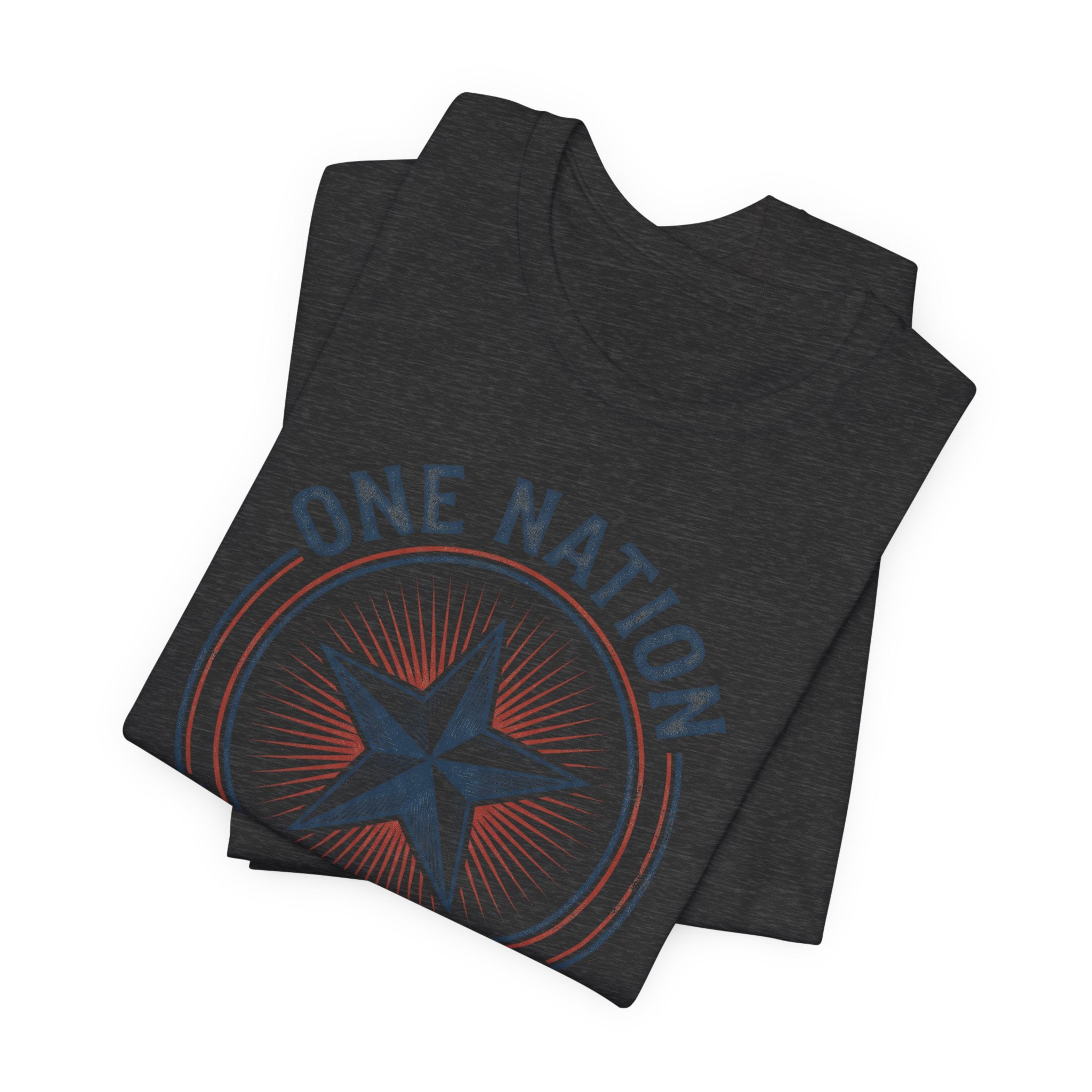Dark heather t-shirt with circular star emblem and curved text graphic on front.