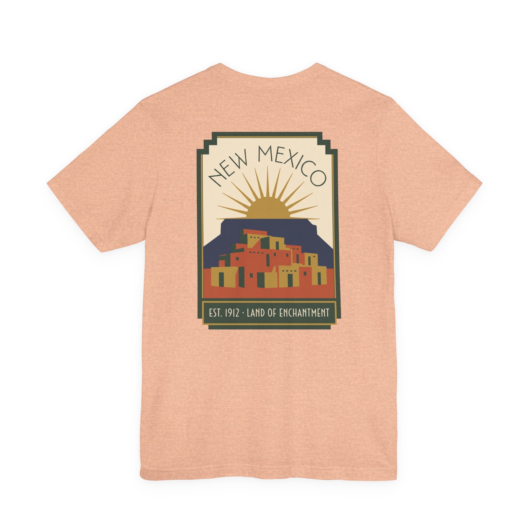 Light peach T-shirt with New Mexico sunset Pueblo art graphic in a square frame
