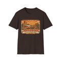 Men’s unisex dark brown T-shirt with Arizona graphic print featuring a camper and desert scene