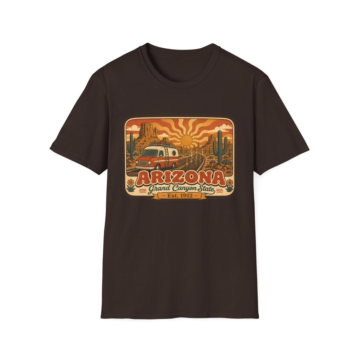 Men’s unisex dark brown T-shirt with Arizona graphic print featuring a camper and desert scene