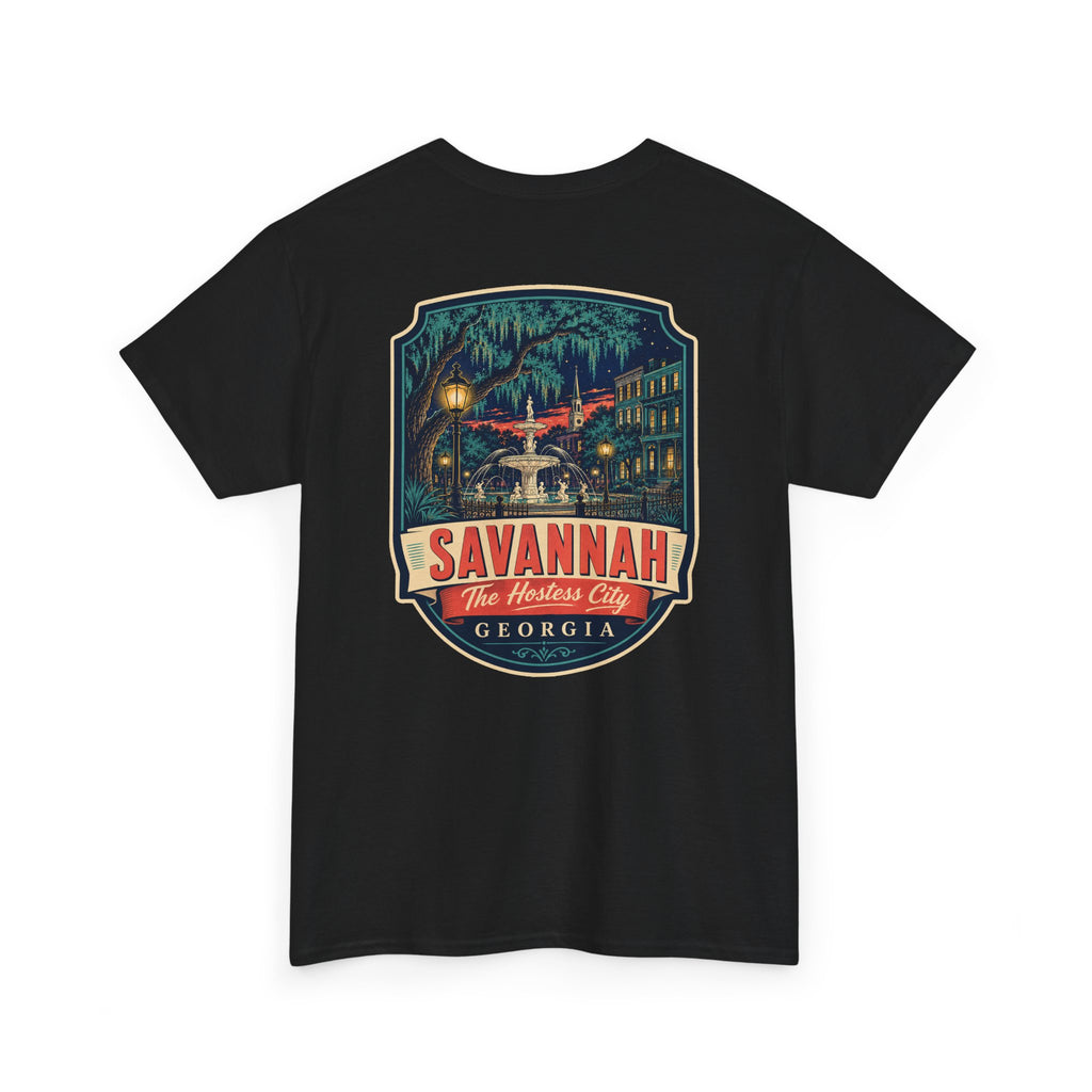 Black Savannah city badge graphic T-shirt with short sleeves and crew neck.