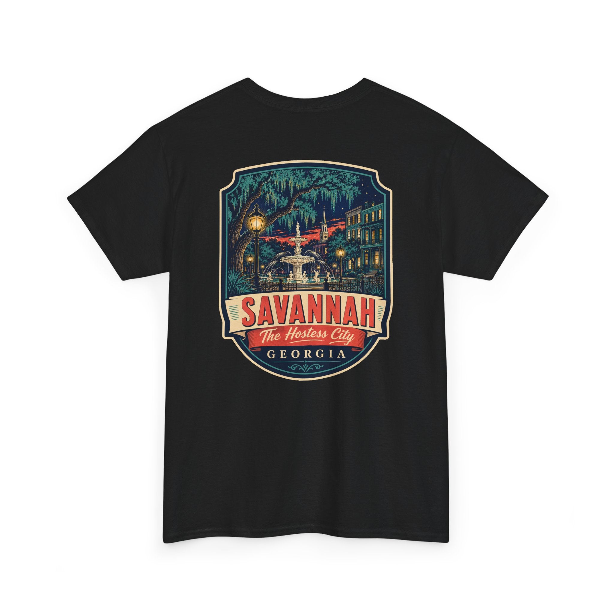 Black Savannah city badge graphic T-shirt with short sleeves and crew neck.