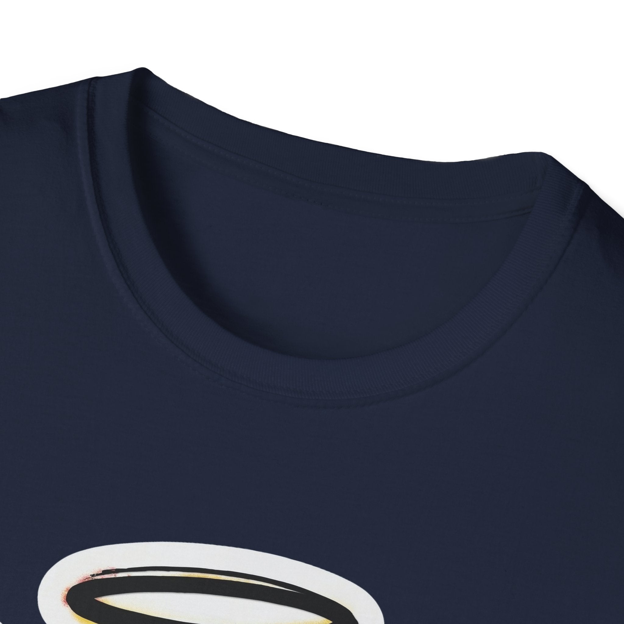 Graffiti Angel Smiley T-Shirt neckline and sleeve seam, navy