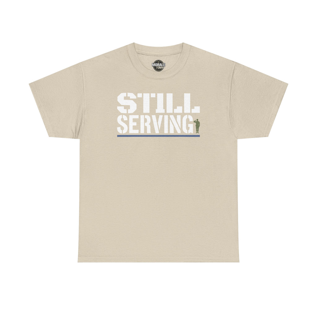 Cream crewneck T-shirt with center “STILL SERVING” graphic