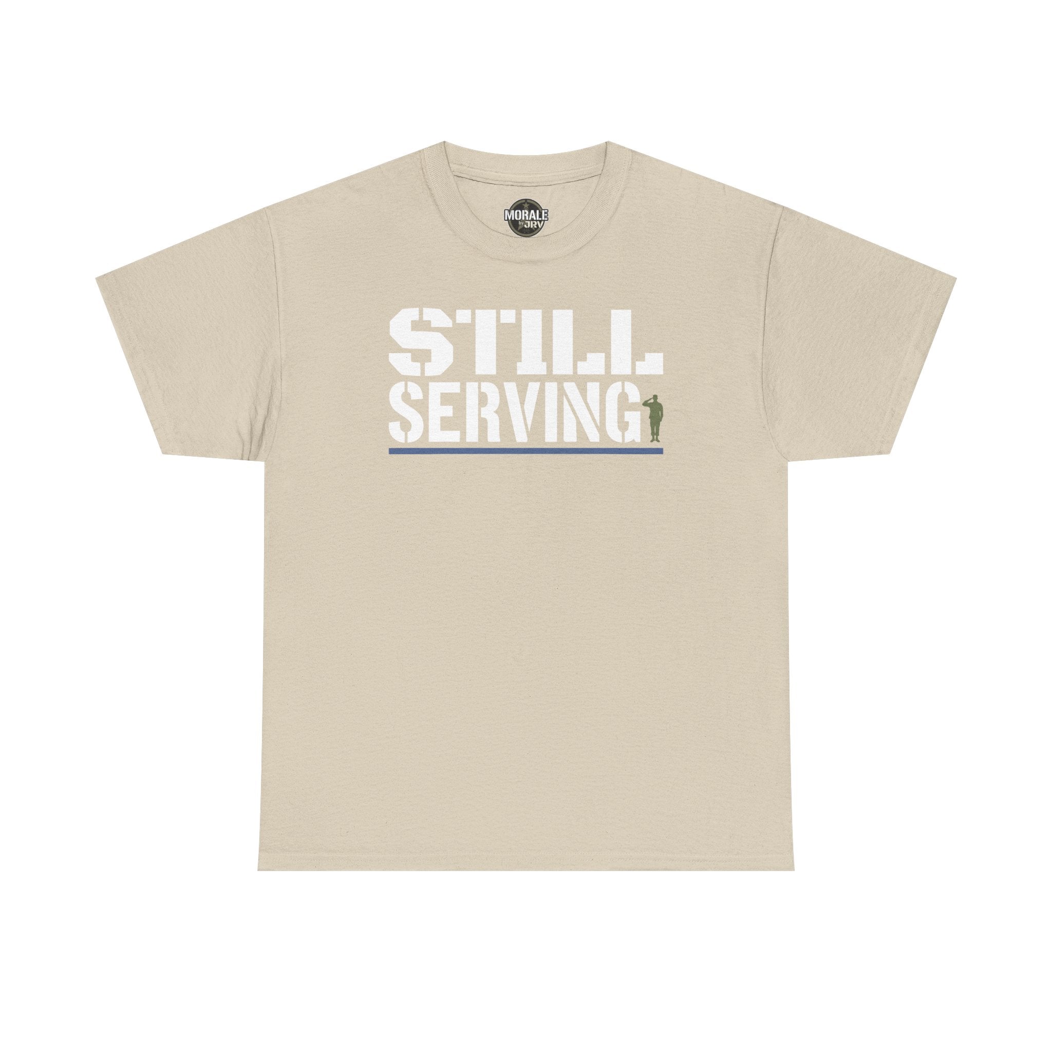Cream crewneck T-shirt with center “STILL SERVING” graphic