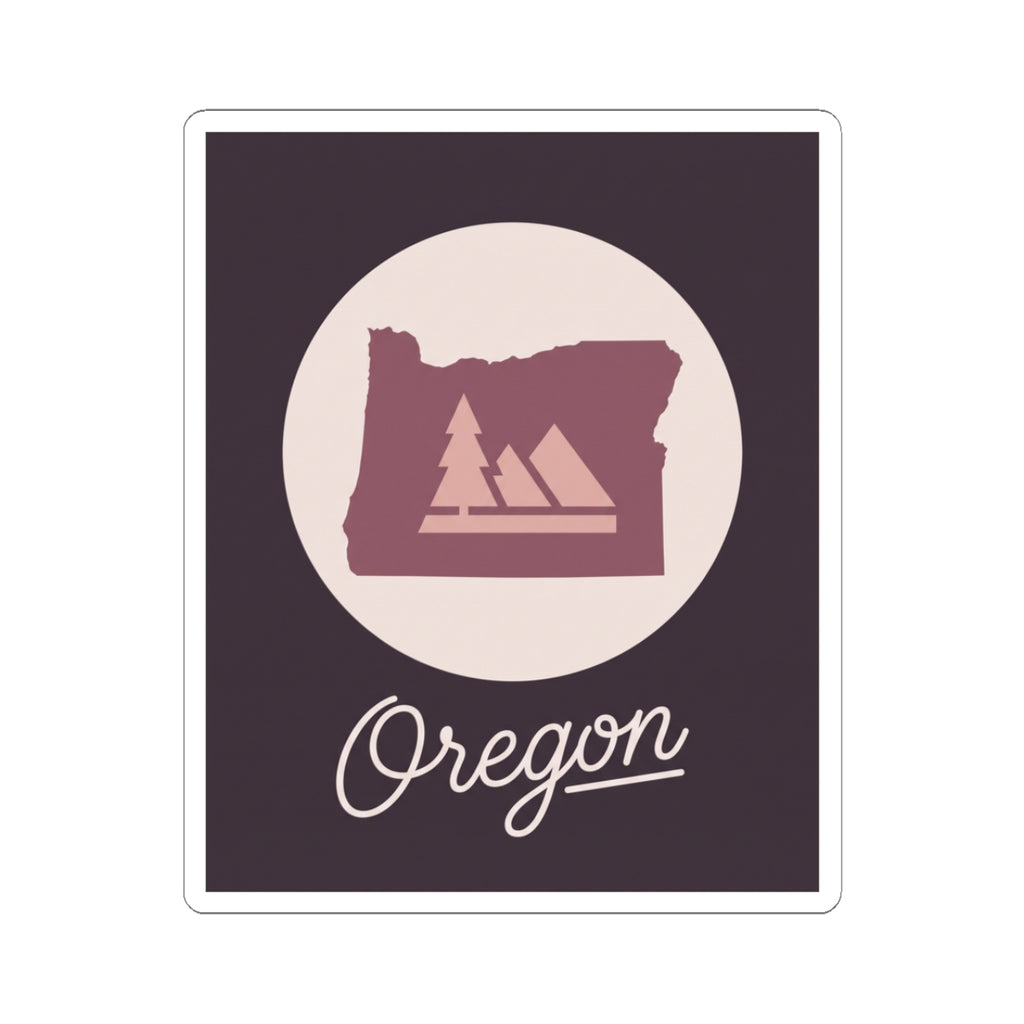 Square kiss-cut decal sticker with circular Oregon silhouette and cursive Oregon lettering