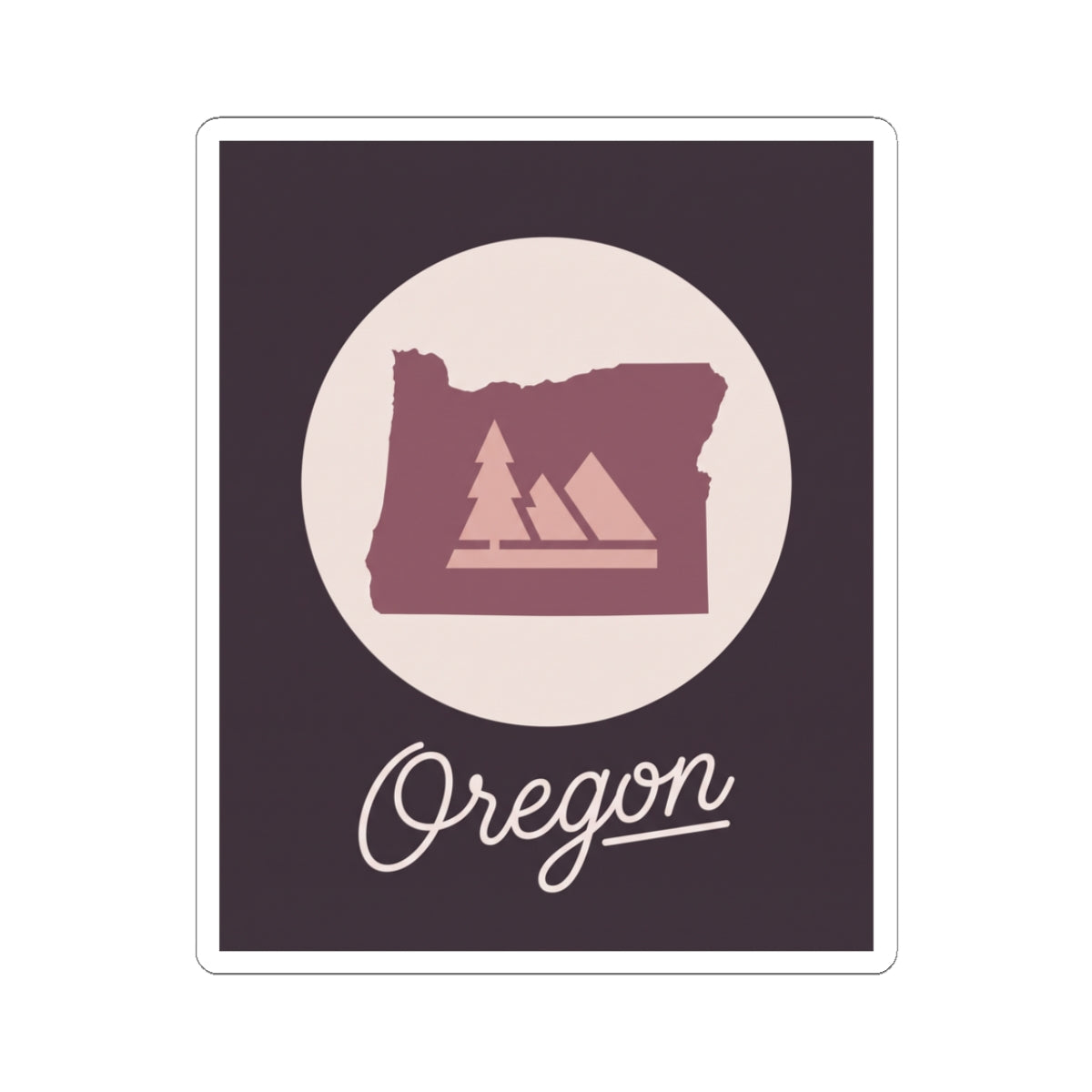 Square kiss-cut decal sticker with circular Oregon silhouette and cursive Oregon lettering
