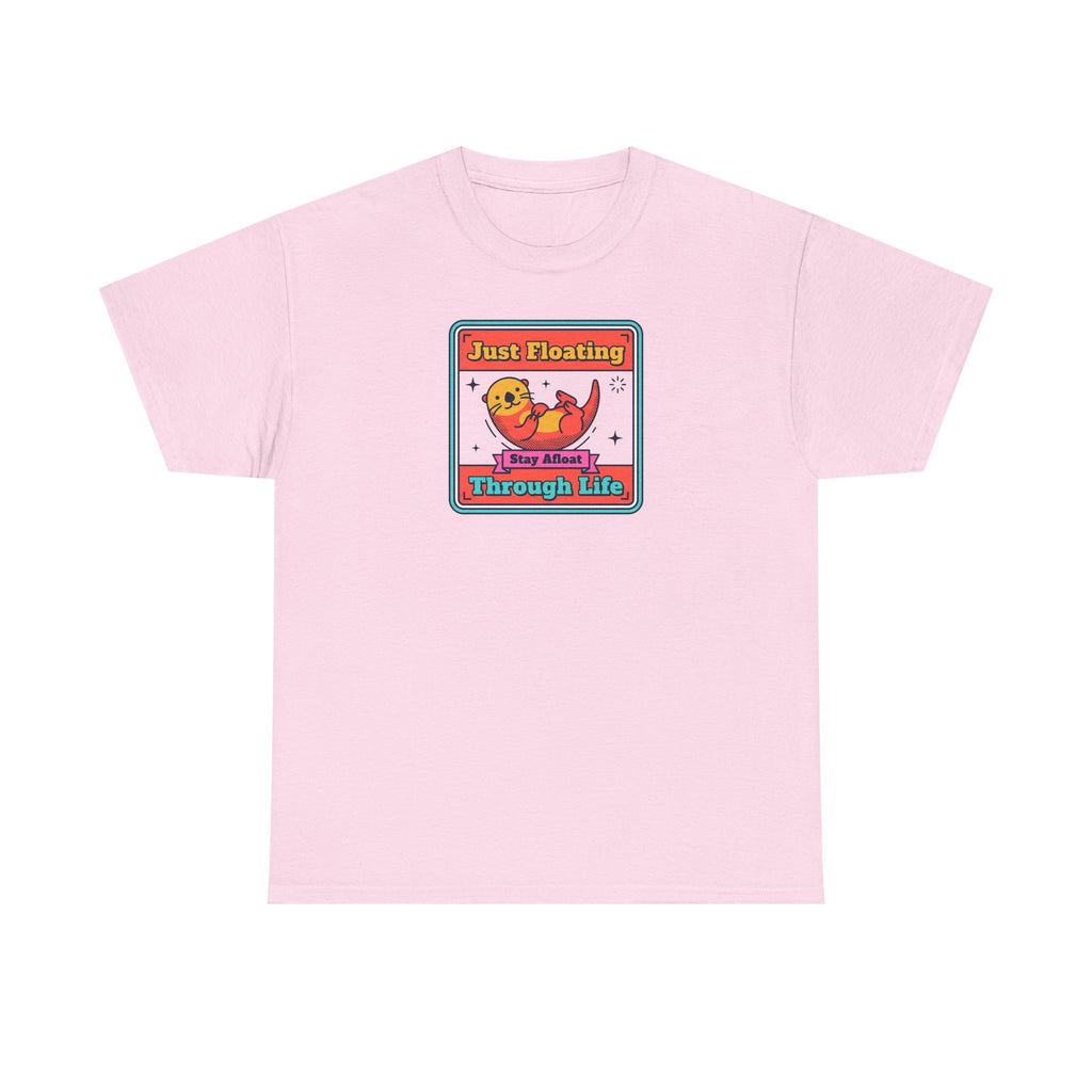 Light pink crewneck T-shirt with framed otter graphic and text on chest